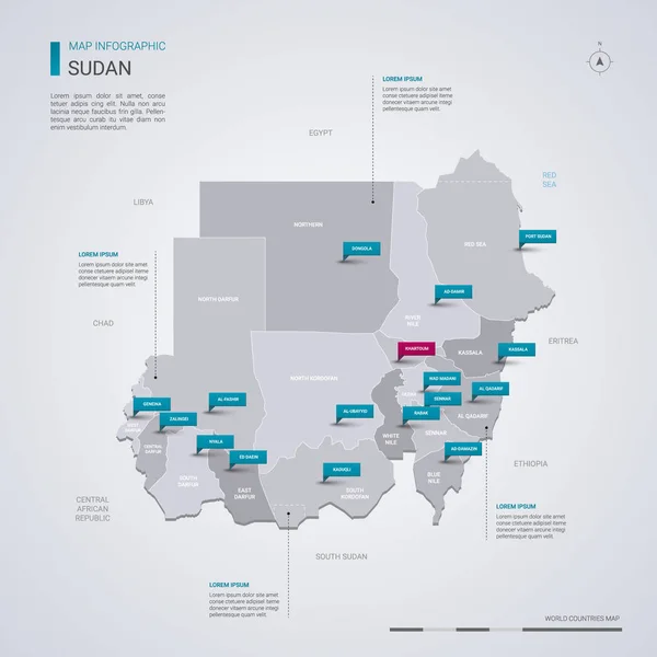 Carte vectorielle Soudan avec éléments infographiques, repères . — Image vectorielle