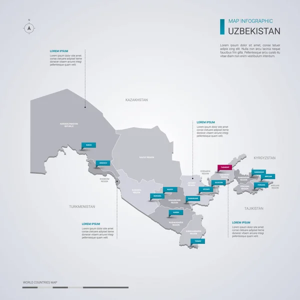 Uzbekistan vector map with infographic elements, pointer marks. — Stock Vector