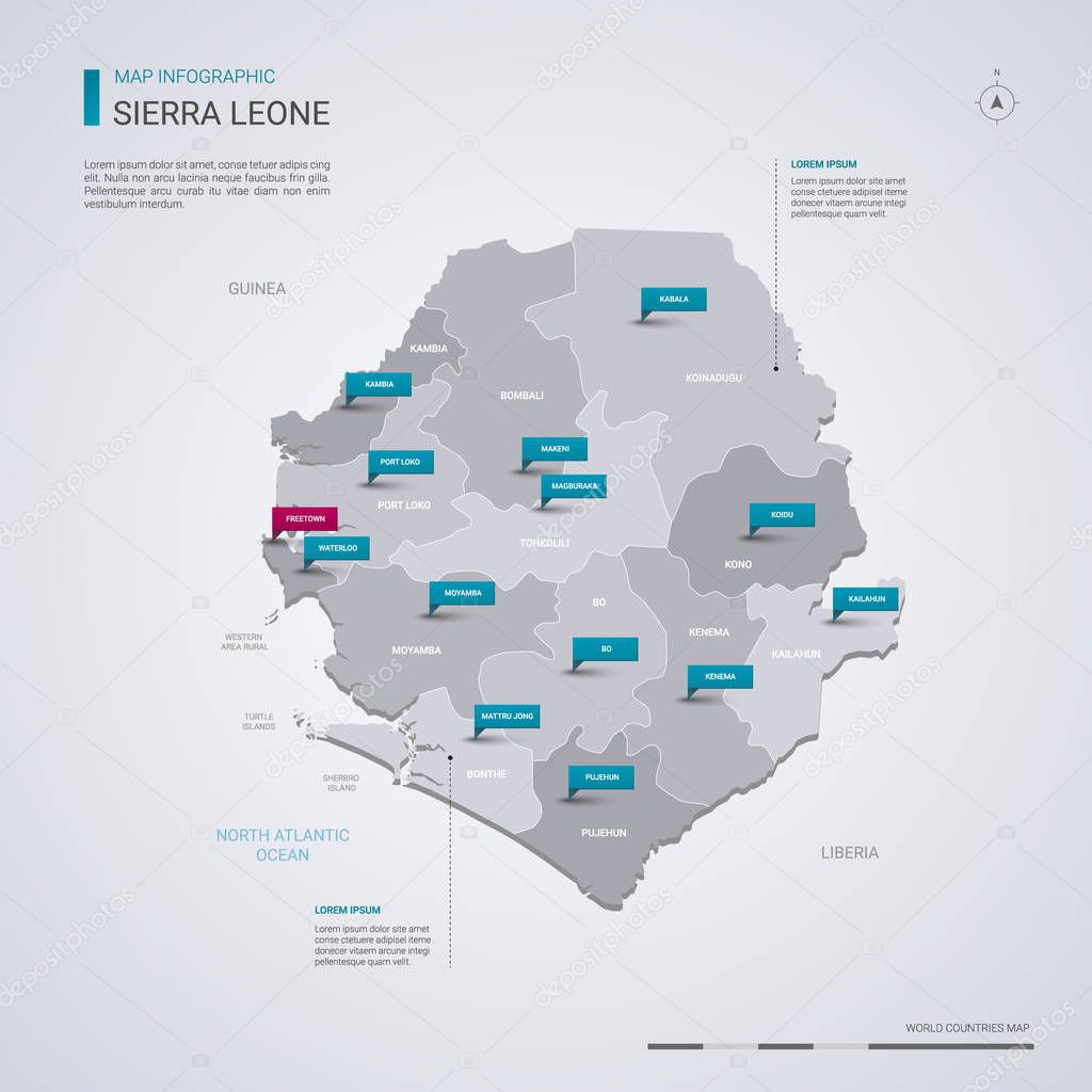 Sierra Leone vector map with infographic elements, pointer marks