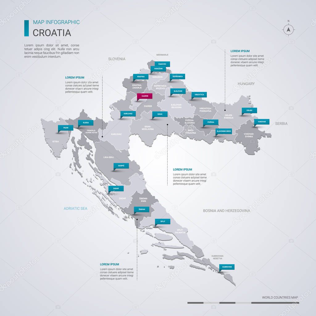 Croatia vector map with infographic elements, pointer marks.