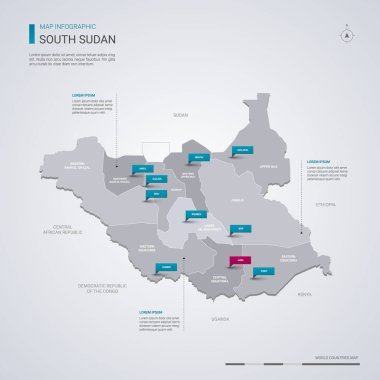 Güney Sudan vektör harita Infographic elemanları, işaretçi işaretleri ile.