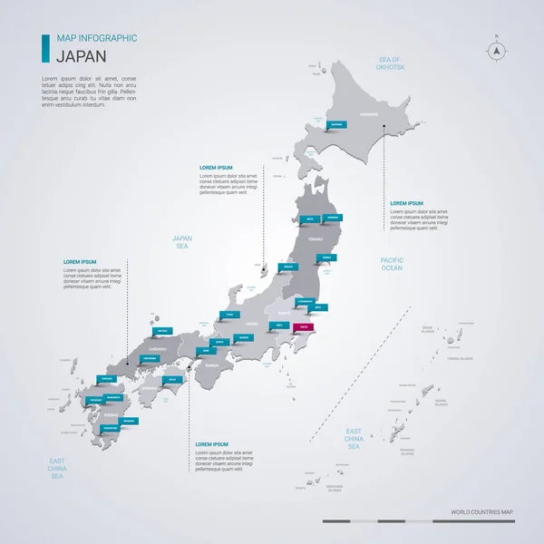 Japón mapa vectorial con elementos infográficos, marcas de puntero . — Vector de stock