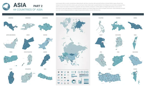 Jeu de cartes vectorielles. 44 cartes détaillées des pays asiatiques — Image vectorielle