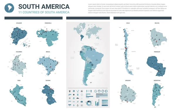 Conjunto de mapas vectoriales. Alto detallado 11 mapas de América del Sur — Vector de stock