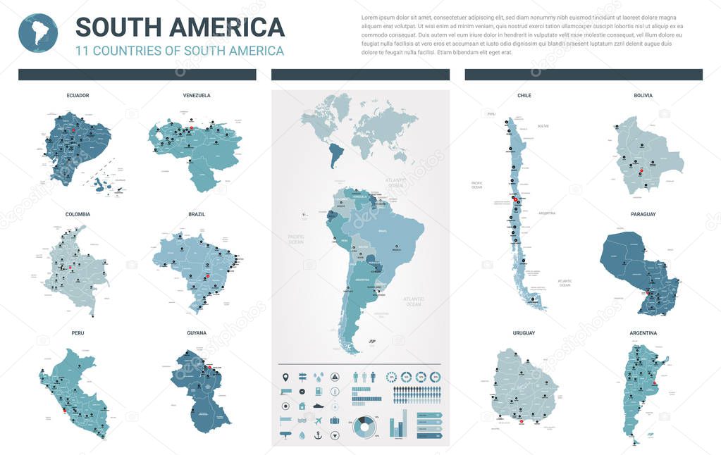Vector maps set.  High detailed 11 maps of South America 