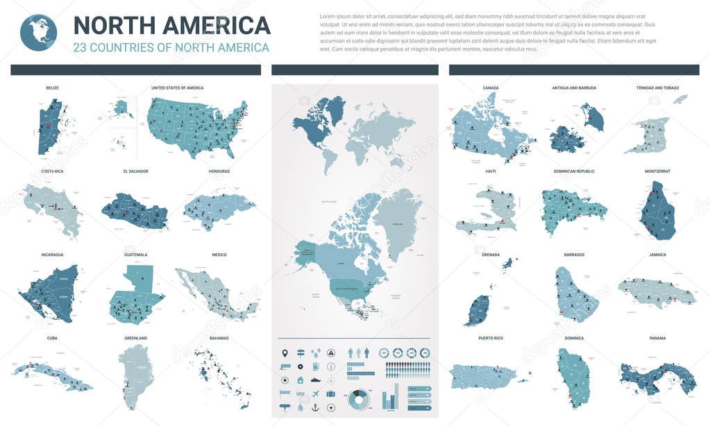 Vector maps set.  High detailed 23 maps of North American 