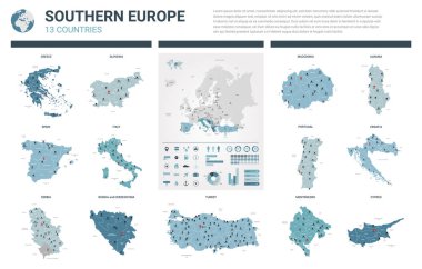 Vector maps set.  High detailed 13 maps of Southern Europe clipart