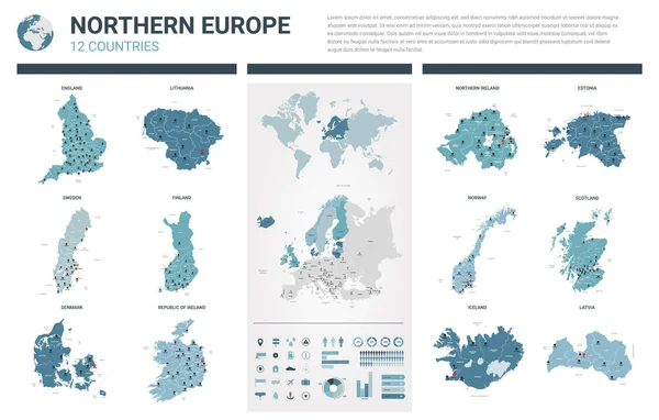 Conjunto de mapas vectoriales. Alto detallado 12 mapas del norte de Europa — Vector de stock