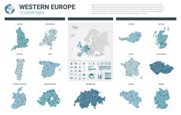 Conjunto de mapas vectoriales. Alto detallado 13 mapas de Europa Occidental — Vector de stock