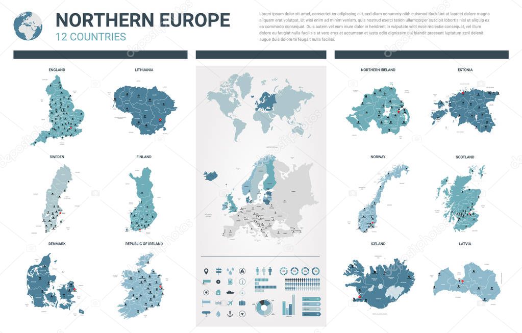 Vector maps set.  High detailed 12 maps of Northern Europe 