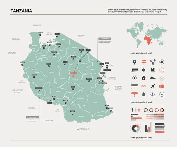 Mapa vectorial de Tanzania . — Vector de stock