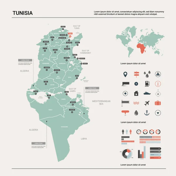 Mapa vectorial de Túnez . — Vector de stock