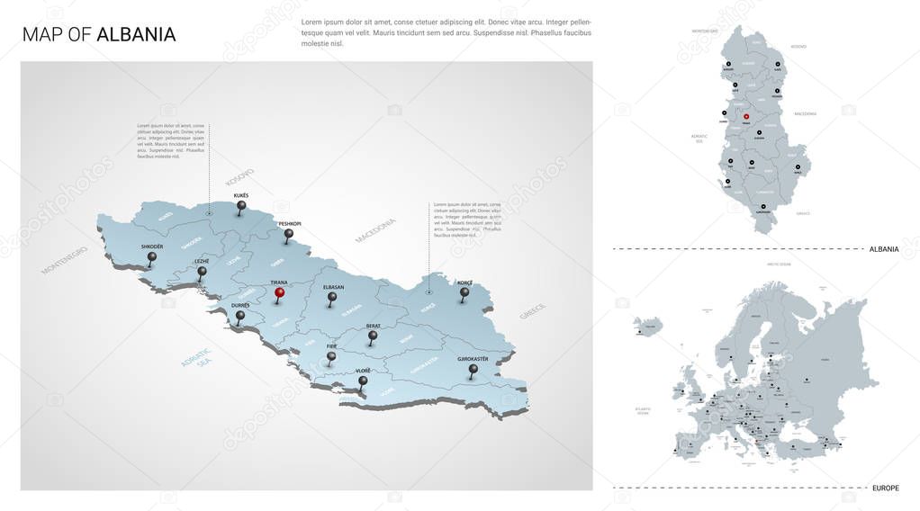 Vector Set Of Albania Country Isometric 3d Map Albania Map Europe Map With Region State Names And City Names Fonts Myriad Pro Roboto Premium Vector In Adobe Illustrator Ai