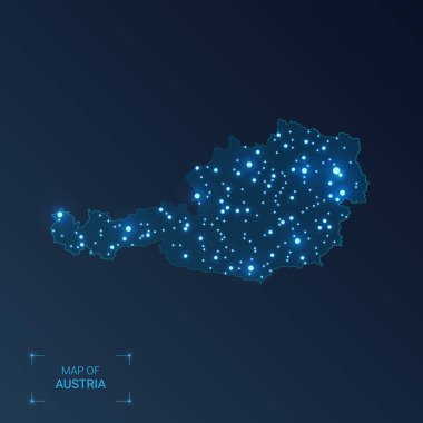 Şehirlerle Avusturya haritası. Işıklı nokta - neon ışıklar 