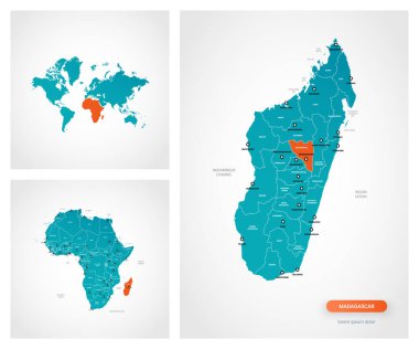 Üzerinde işaretler olan Madagaskar haritasının düzenlenebilir bir şablonu. Madagaskar dünya haritasında ve Afrika haritasında.