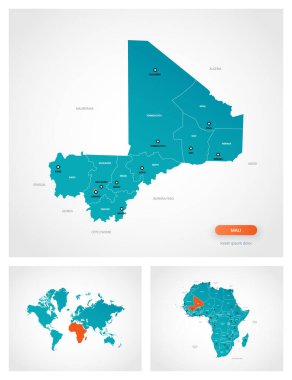 İşaretli düzenlenebilir Mali haritası. Mali dünya haritasında ve Afrika haritasında.