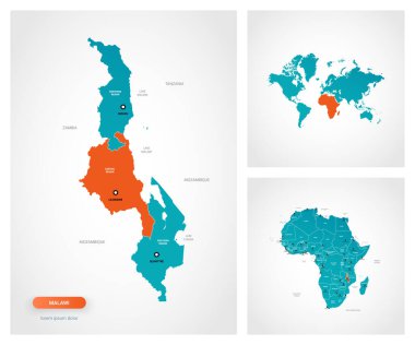 İşaretli Malawi haritasının düzenlenebilir şablonu. Malawi dünya haritasında ve Afrika haritasında.