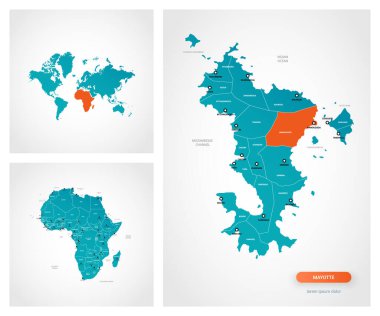 İşaretli Mayotte haritasının düzenlenebilir şablonu. Mayotte dünya haritasında ve Afrika haritasında.