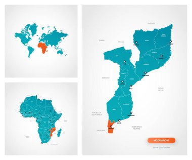 İşaretli Mozambik haritasının düzenlenebilir şablonu. Dünya haritasında ve Afrika haritasında Mozambik.