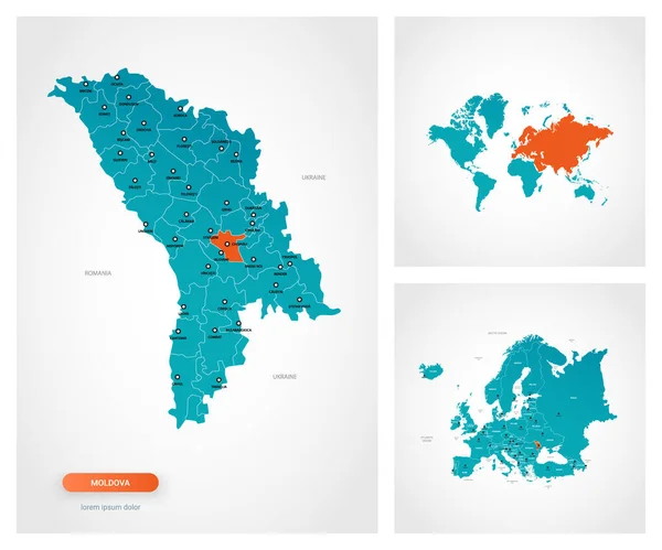 Moldova Haritasının Işaretli Düzenlenebilir Şablonu Moldova Dünya Haritasında Avrupa Haritasında — Stok Vektör
