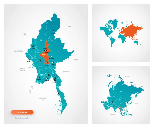 Upravitelná Šablona Mapy Myanmaru Barmy Značkami Myanmar Barma Mapě Světa — Stockový vektor