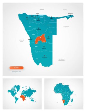 Üzerinde işaretler olan düzenlenebilir Namibya haritası. Namibya dünya haritasında ve Afrika haritasında.