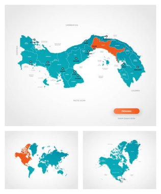 Panama haritasının işaretli düzenlenebilir şablonu. Panama dünya haritasında ve Kuzey Amerika haritasında.