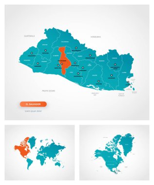 Üzerinde işaretler olan El Salvador 'un düzenlenebilir şablonu. El Salvador dünya haritasında ve Kuzey Amerika haritasında.