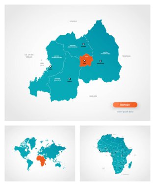 Üzerinde işaretler olan düzenlenebilir Ruanda şablonu. Ruanda dünya haritasında ve Afrika haritasında.