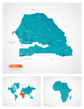 İşaretli Senegal haritasının düzenlenebilir şablonu. Senegal dünya haritasında ve Afrika haritasında.