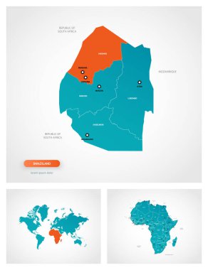 İşaretli Svaziland haritasının düzenlenebilir şablonu. Svaziland dünya haritasında ve Afrika haritasında.