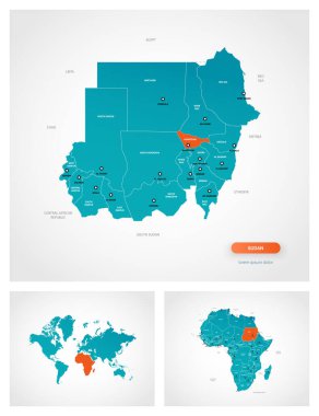 İşaretli Sudan haritasının düzenlenebilir şablonu. Sudan dünya haritasında ve Afrika haritasında.