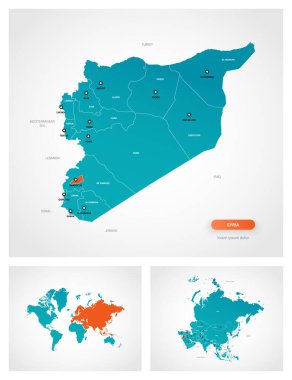 Üzerinde işaretler olan düzenlenebilir Suriye haritası. Suriye dünya haritasında ve Asya haritasında.