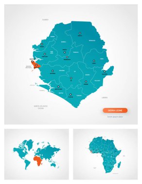 Üzerinde işaretler olan Sierra Leone 'nin düzenlenebilir şablonu. Sierra Leone dünya haritasında ve Afrika haritasında.