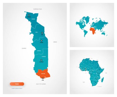 İşaretli Togo haritasının düzenlenebilir şablonu. Togo dünya haritasında ve Afrika haritasında.