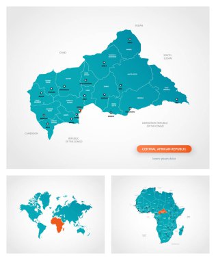 Üzerinde işaretler olan düzenlenebilir Orta Afrika Cumhuriyeti haritası. Orta Afrika Cumhuriyeti dünya haritasında ve Afrika haritasında.