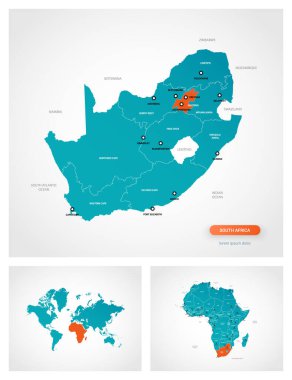 Üzerinde işaretler olan düzenlenebilir Güney Afrika haritası. Güney Afrika dünya haritasında ve Afrika haritasında.