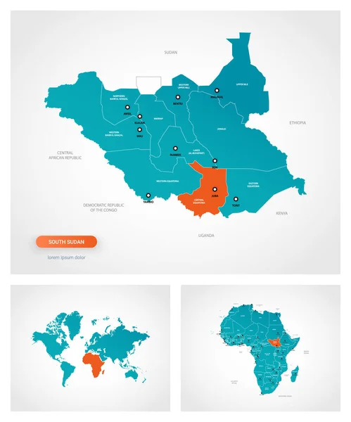 Redigerbar Mall För Karta Över Sydsudan Med Märken Sydsudan Världskartan — Stock vektor