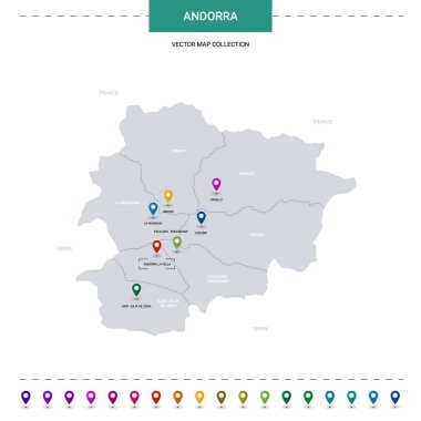 Konum işaretli Andorra haritası. Beyaz arkaplanda izole edilmiş bilgi vektör şablonu. 