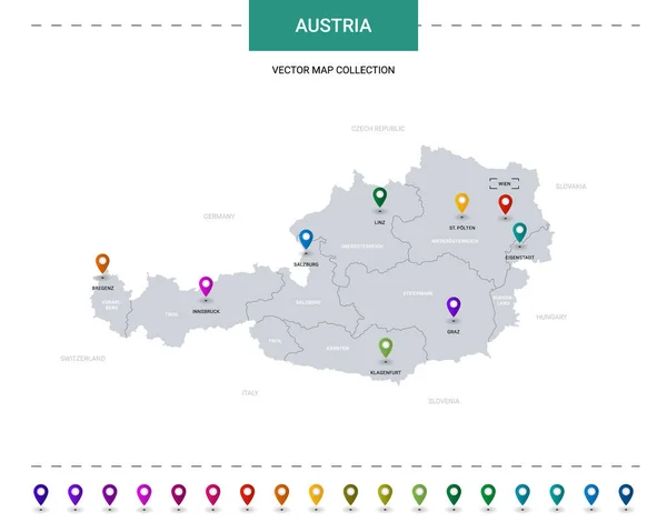 Áustria Mapa Com Marcas Ponteiro Localização Modelo Vetor Infográfico Isolado —  Vetores de Stock