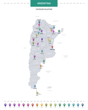 Konum işaretli Arjantin haritası. Beyaz arkaplanda izole edilmiş bilgi vektör şablonu. 
