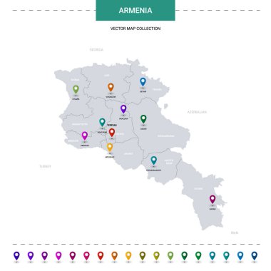 Konum işaretli Ermenistan haritası. Beyaz arkaplanda izole edilmiş bilgi vektör şablonu. 