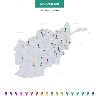Afganistan haritasında işaret işaretleri var. Beyaz arkaplanda izole edilmiş bilgi vektör şablonu. 