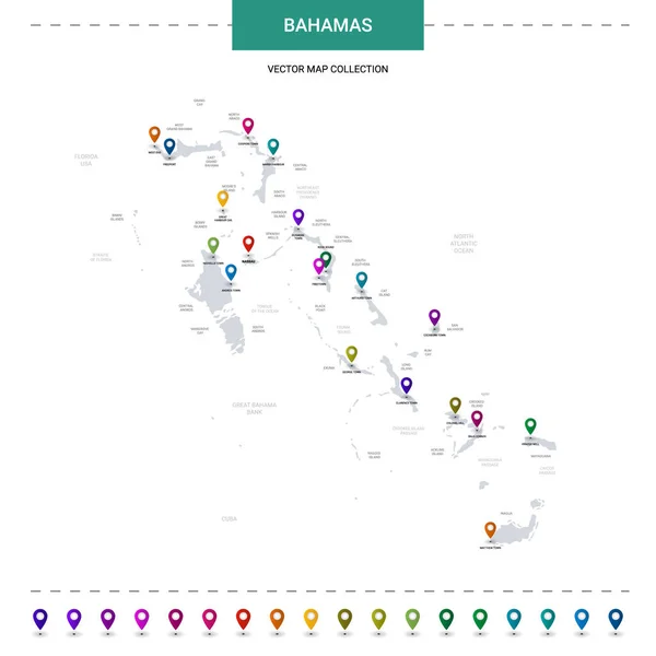 Mapa Das Bahamas Com Marcas Ponteiro Localização Modelo Vetor Infográfico —  Vetores de Stock