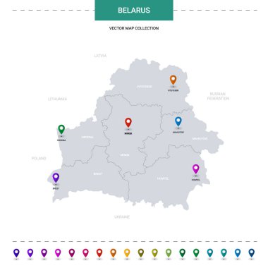 Konum işaretli Belarus haritası. Beyaz arkaplanda izole edilmiş bilgi vektör şablonu. 