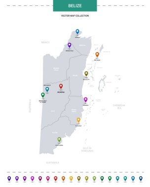 Konum işaretli haritayı Belize et. Beyaz arkaplanda izole edilmiş bilgi vektör şablonu.