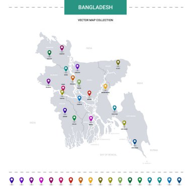 Konum işaretli Bangladeş haritası. Beyaz arkaplanda izole edilmiş bilgi vektör şablonu. 