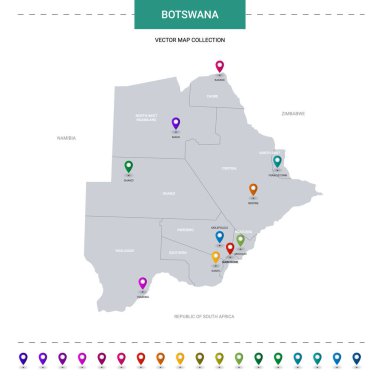 Konum işaretli Botswana haritası. Beyaz arkaplanda izole edilmiş bilgi vektör şablonu. 