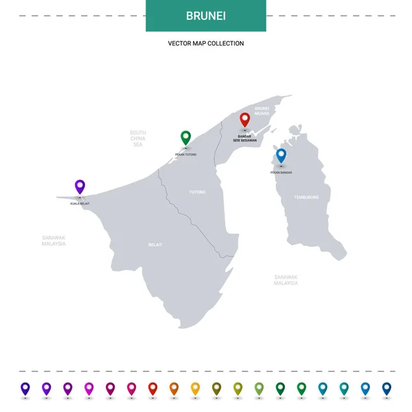 Mapa Bruneje Značkami Polohy Infographic Vektorová Šablona Izolované Bílém Pozadí — Stockový vektor