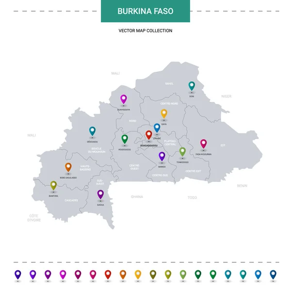 Burkina Faso Mapa Con Marcas Ubicación Puntero Plantilla Vectorial Infográfica — Vector de stock